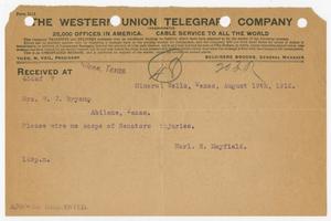 [Telegram from Earl B. Mayfield to Mrs. W. J Bryan, August 19, 1912]