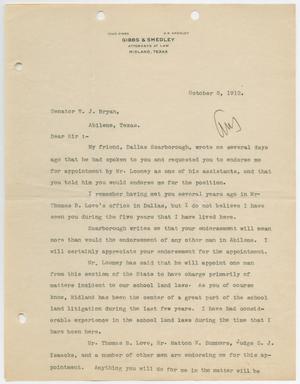 [Letter from G. B. Smedley to Senator W. J. Bryan, October 5, 1912]