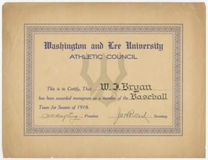 Primary view of object titled '[Baseball Certificate for W. J. Bryan]'.