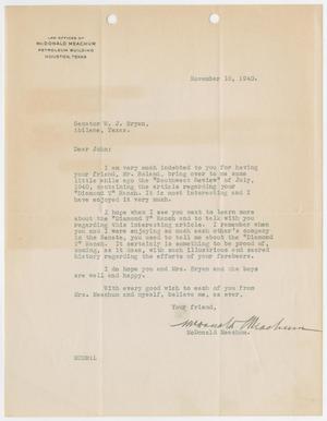 Primary view of object titled '[Letter from McDonald Meachum to Senator W. J. Bryan, November 18, 1940]'.
