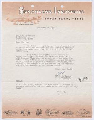 [Letter from Thomas L. James to Harris Kempner, February 16, 1953]