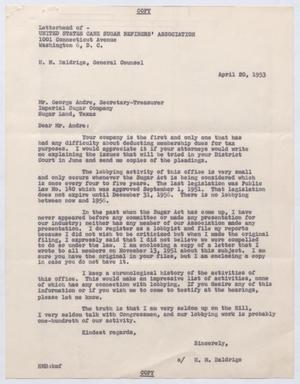 [Letter from H. M. Balrige to George Andre, April 20, 1953]