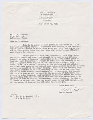 [Letter from Joe G. Fender to I. H. Kempner, September 29, 1953]