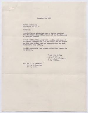 [Letter from H. L. Williams to Bureau of Customs, December 14, 1953]