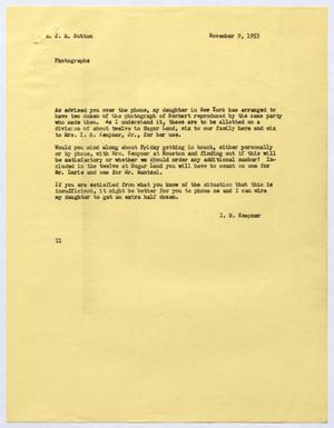 Primary view of object titled '[Letter from I. H. Kempner to J. M. Sutton, November 9, 1953]'.