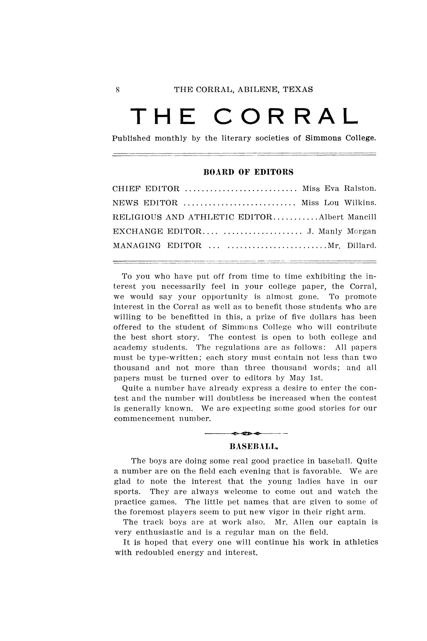 The Corral, Volume 1, Number 6, March, 1908
                                                
                                                    8
                                                