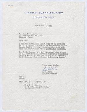 [Letter from E. O. Wood to Joe G. Fender, September 21, 1953]