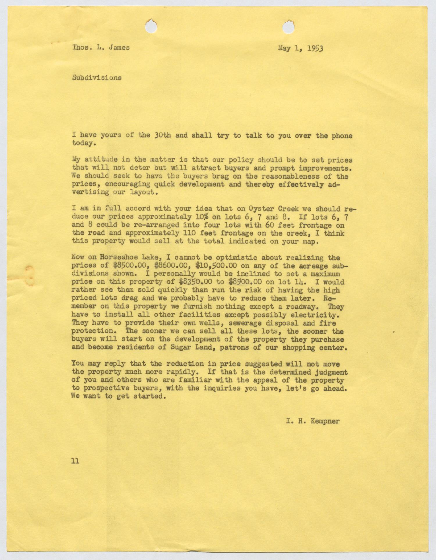 [Letter from I. H. Kempner to Thomas L. James, May 1, 1953]
                                                
                                                    [Sequence #]: 1 of 2
                                                