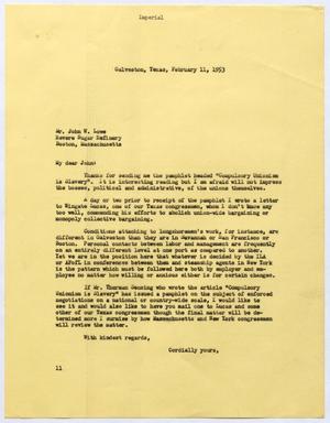[Letter from I. H. Kempner to John W. Lowe, February 11, 1953]