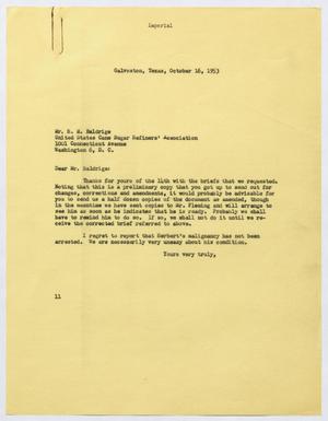 [Letter from I. H. Kempner to H. M. Baldrige, October 16, 1953]