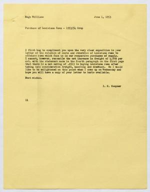 [Letter from I. H. Kempner to Hugh Williams, June 1, 1953]