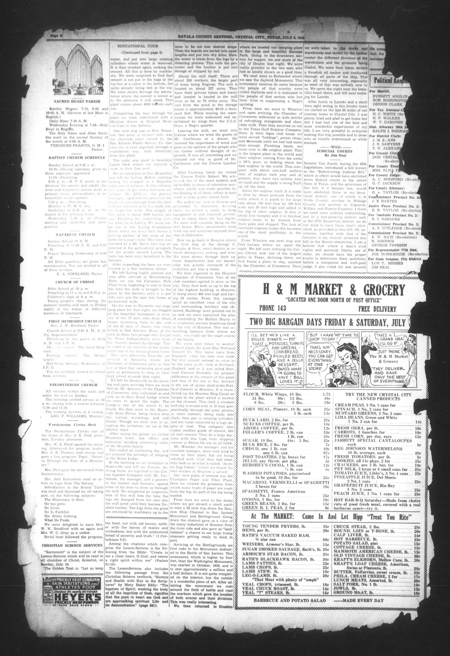 Zavala County Sentinel (Crystal City, Tex.), Vol. 27, No. 8, Ed. 1 Friday, July 8, 1938
                                                
                                                    [Sequence #]: 8 of 8
                                                