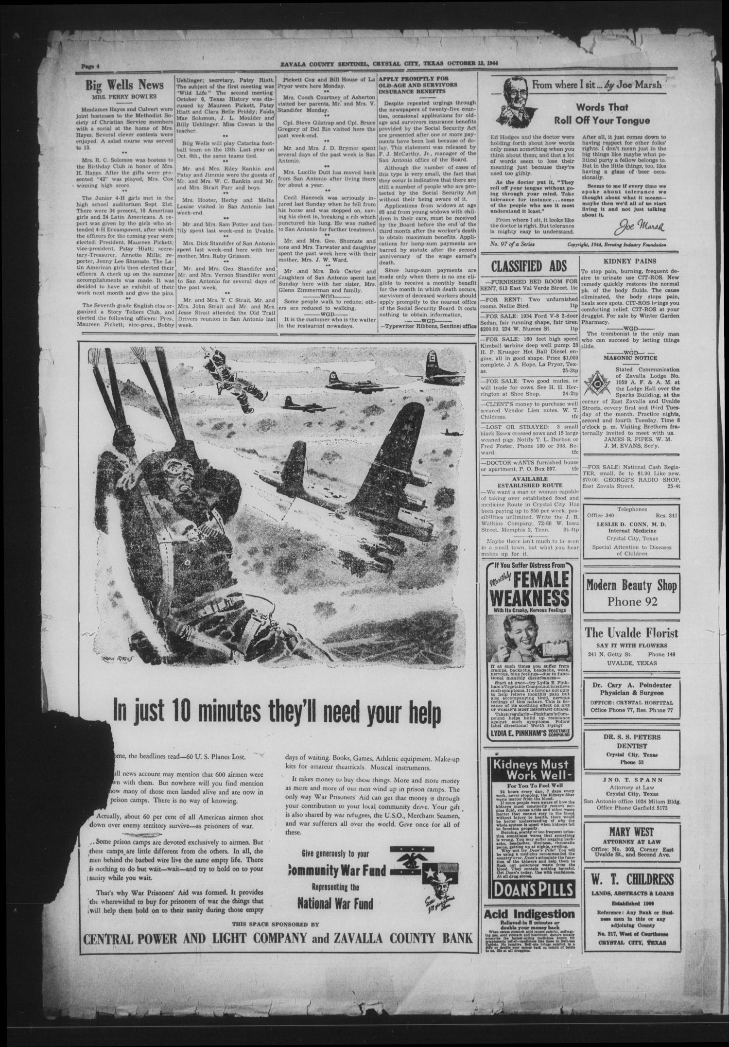 Zavala County Sentinel (Crystal City, Tex.), Vol. 33, No. 25, Ed. 1 Friday, October 13, 1944
                                                
                                                    [Sequence #]: 4 of 6
                                                