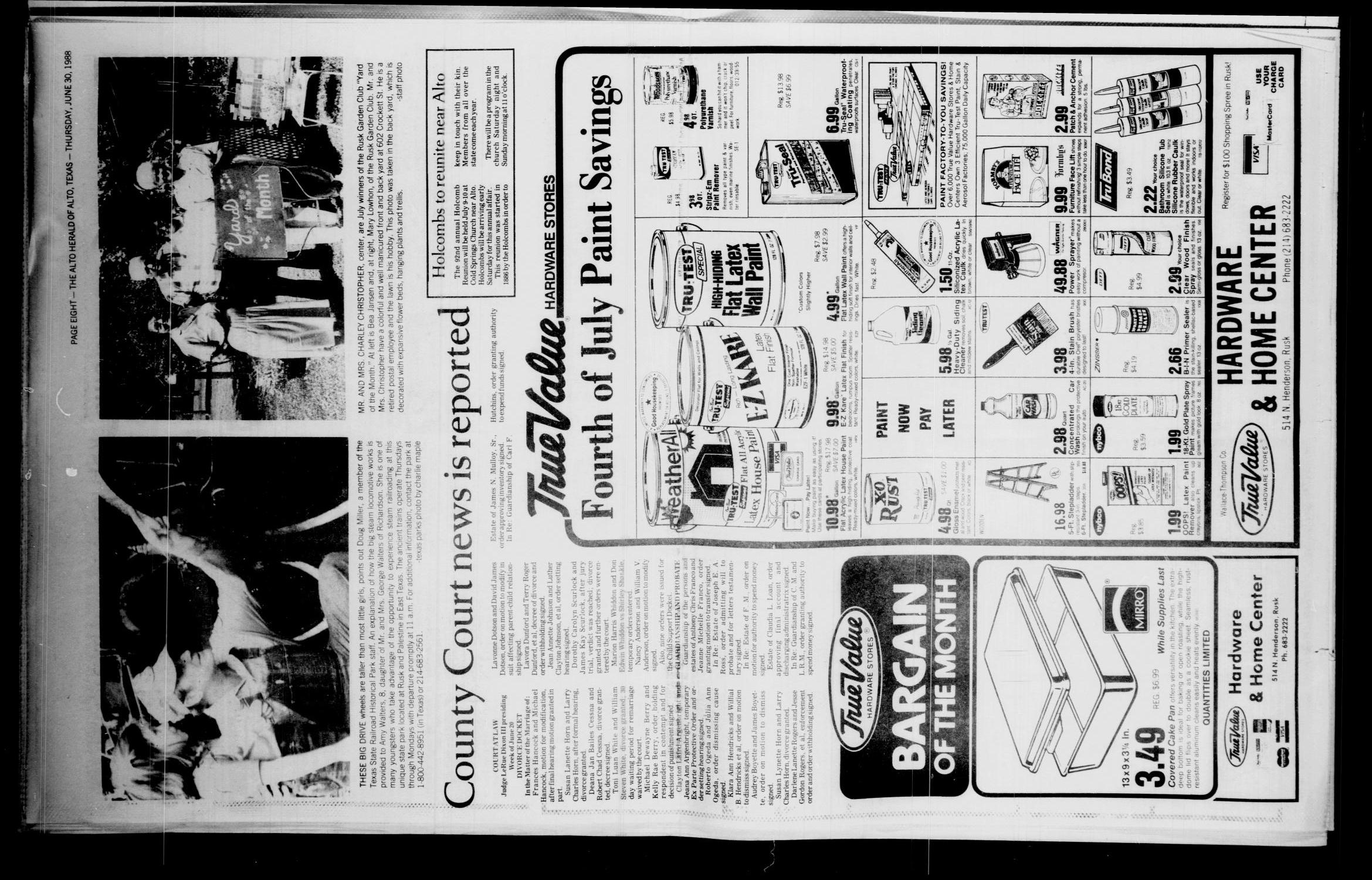 The Alto Herald and The Wells News 'N Views (Alto, Tex.), Vol. 93, No. 8, Ed. 1 Thursday, June 30, 1988
                                                
                                                    [Sequence #]: 8 of 10
                                                