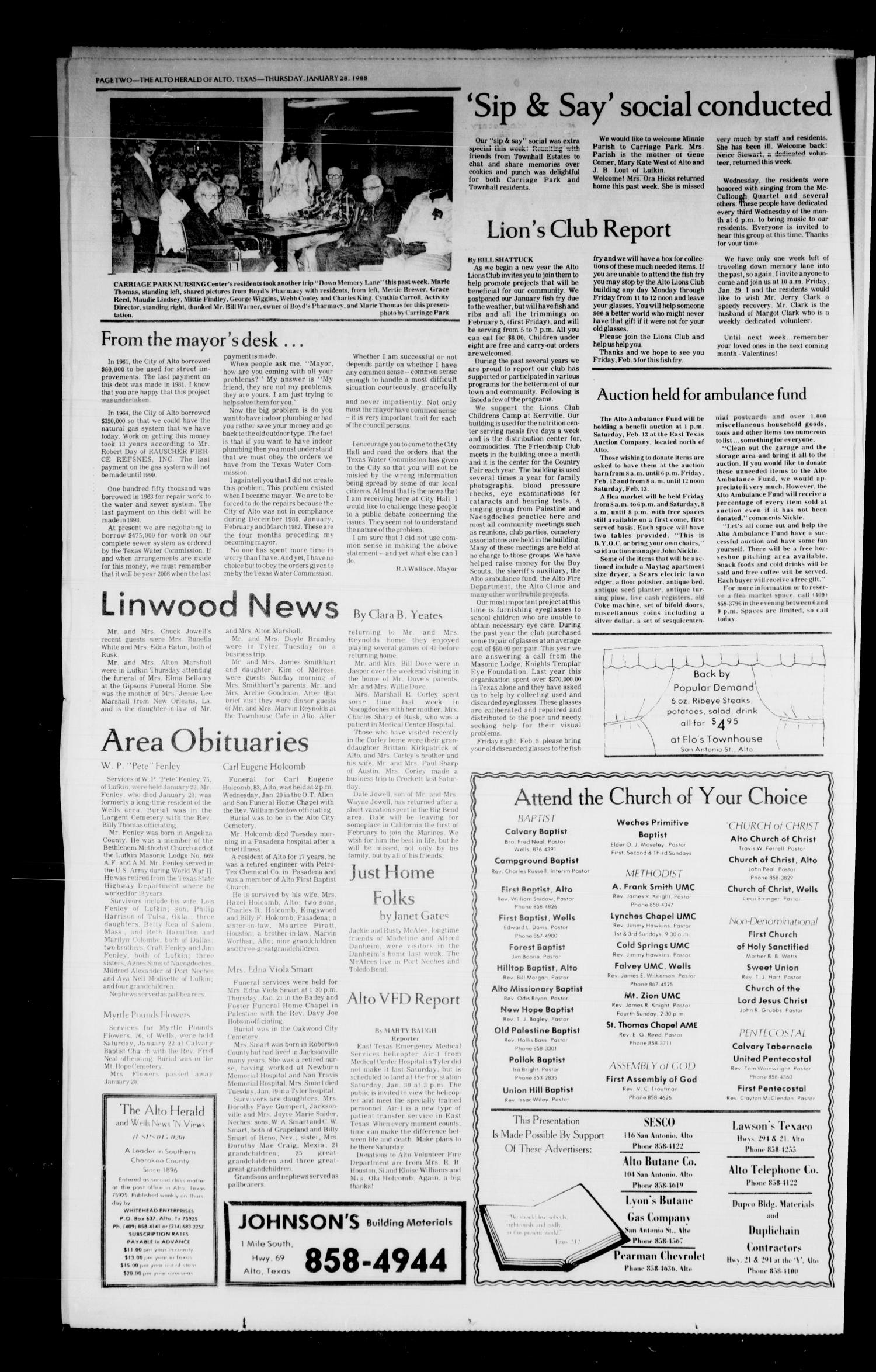 The Alto Herald and The Wells News 'N Views (Alto, Tex.), Vol. 92, No. 38, Ed. 1 Thursday, January 28, 1988
                                                
                                                    [Sequence #]: 2 of 6
                                                