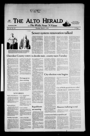Primary view of object titled 'The Alto Herald and The Wells News 'N Views (Alto, Tex.), Vol. 92, No. 43, Ed. 1 Thursday, March 3, 1988'.
