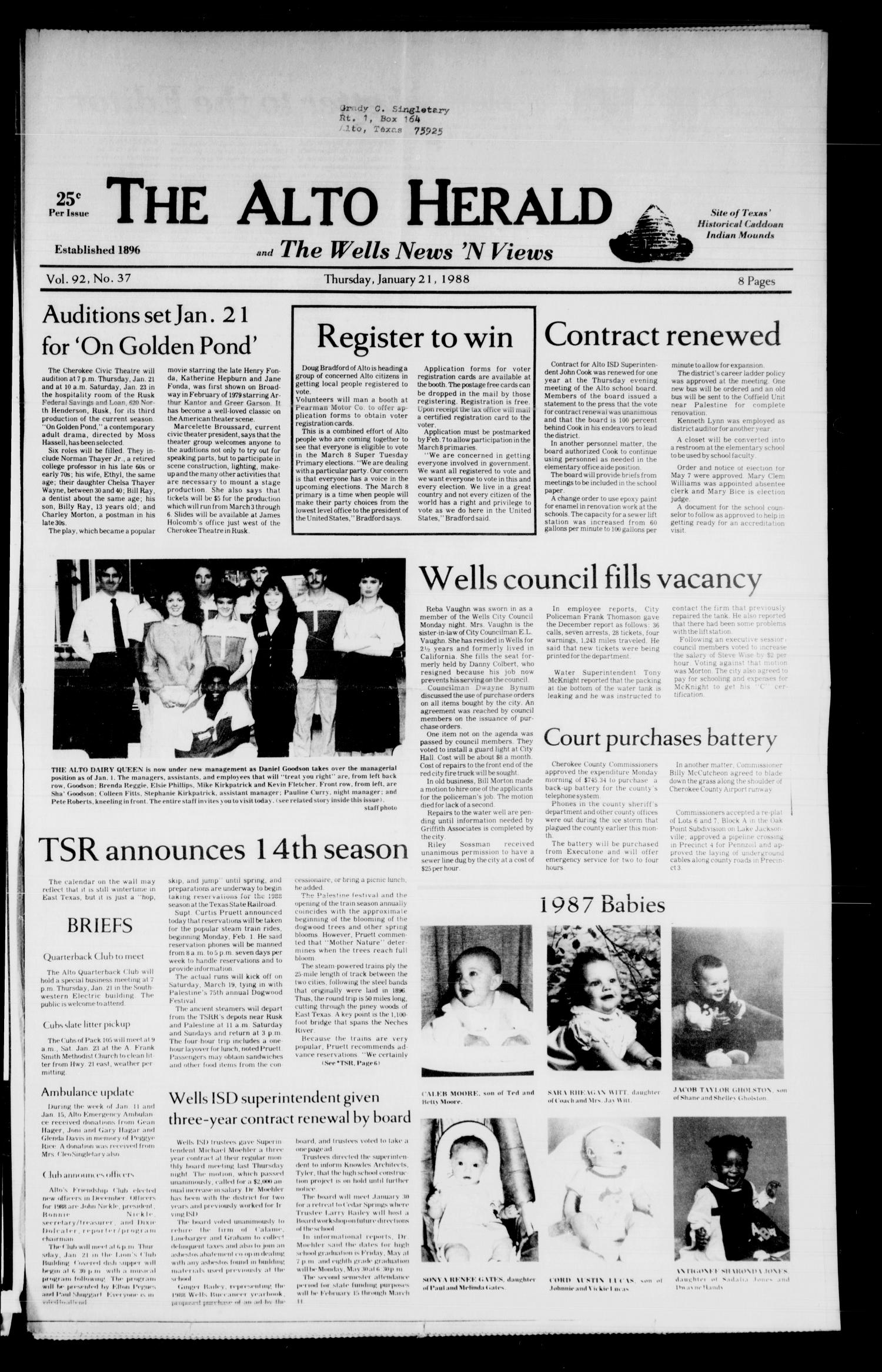 The Alto Herald and The Wells News 'N Views (Alto, Tex.), Vol. 92, No. 37, Ed. 1 Thursday, January 21, 1988
                                                
                                                    [Sequence #]: 1 of 8
                                                