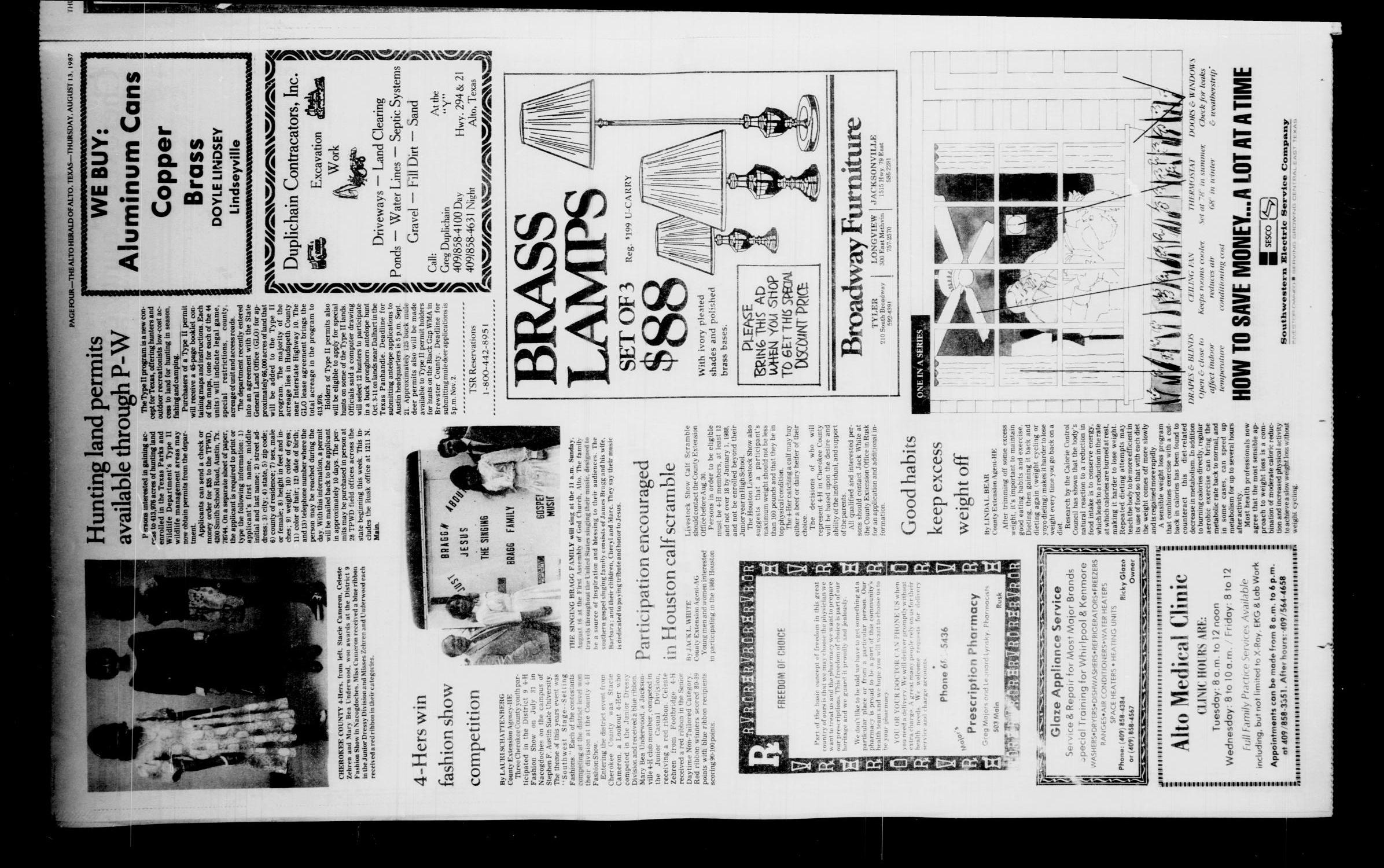 The Alto Herald and The Wells News 'N Views (Alto, Tex.), Vol. 92, No. 14, Ed. 1 Thursday, August 13, 1987
                                                
                                                    [Sequence #]: 4 of 8
                                                