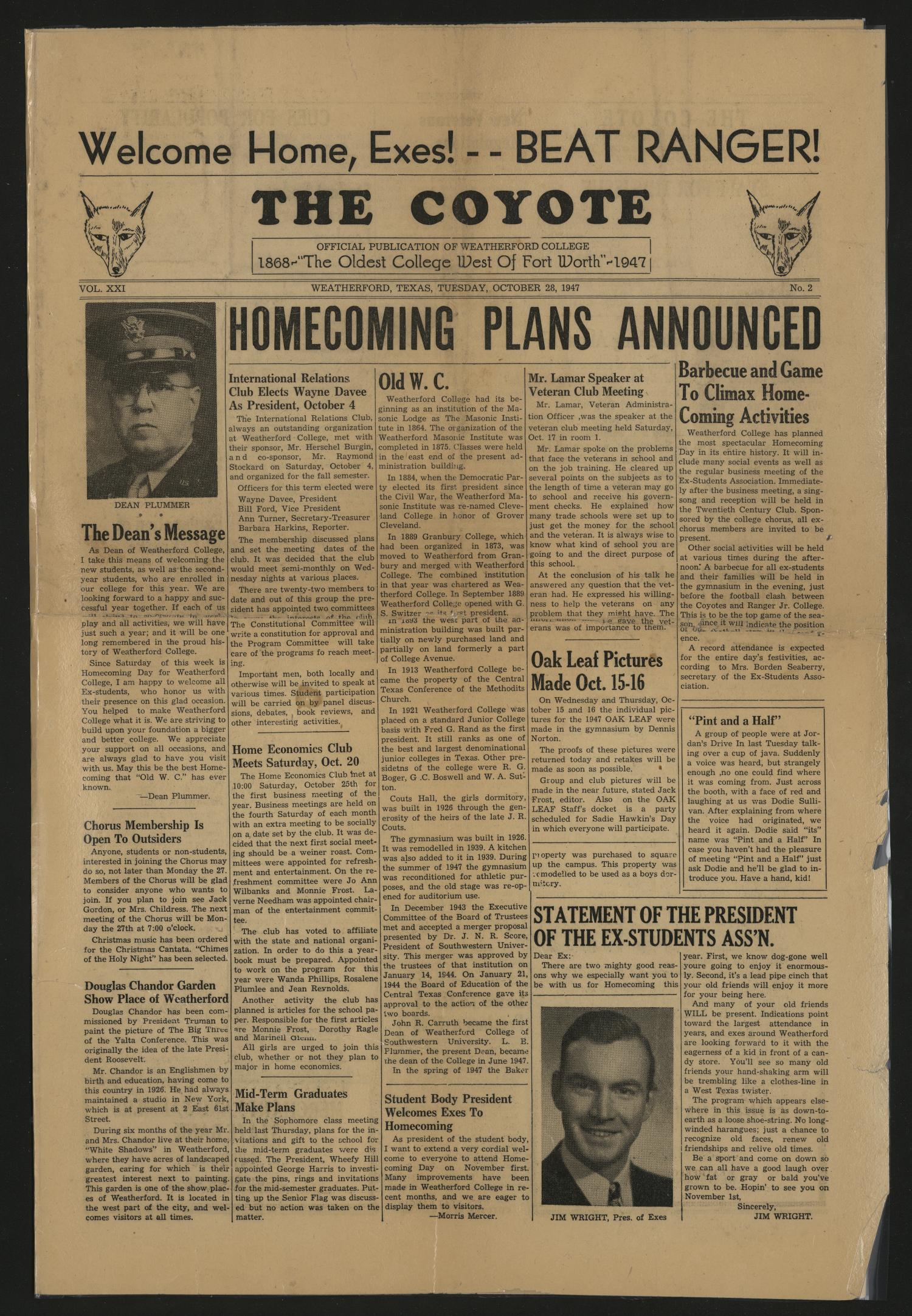 The Coyote (Weatherford, Tex.), Vol. 21, No. 2, Ed. 1 Tuesday, October 28, 1947
                                                
                                                    [Sequence #]: 1 of 4
                                                