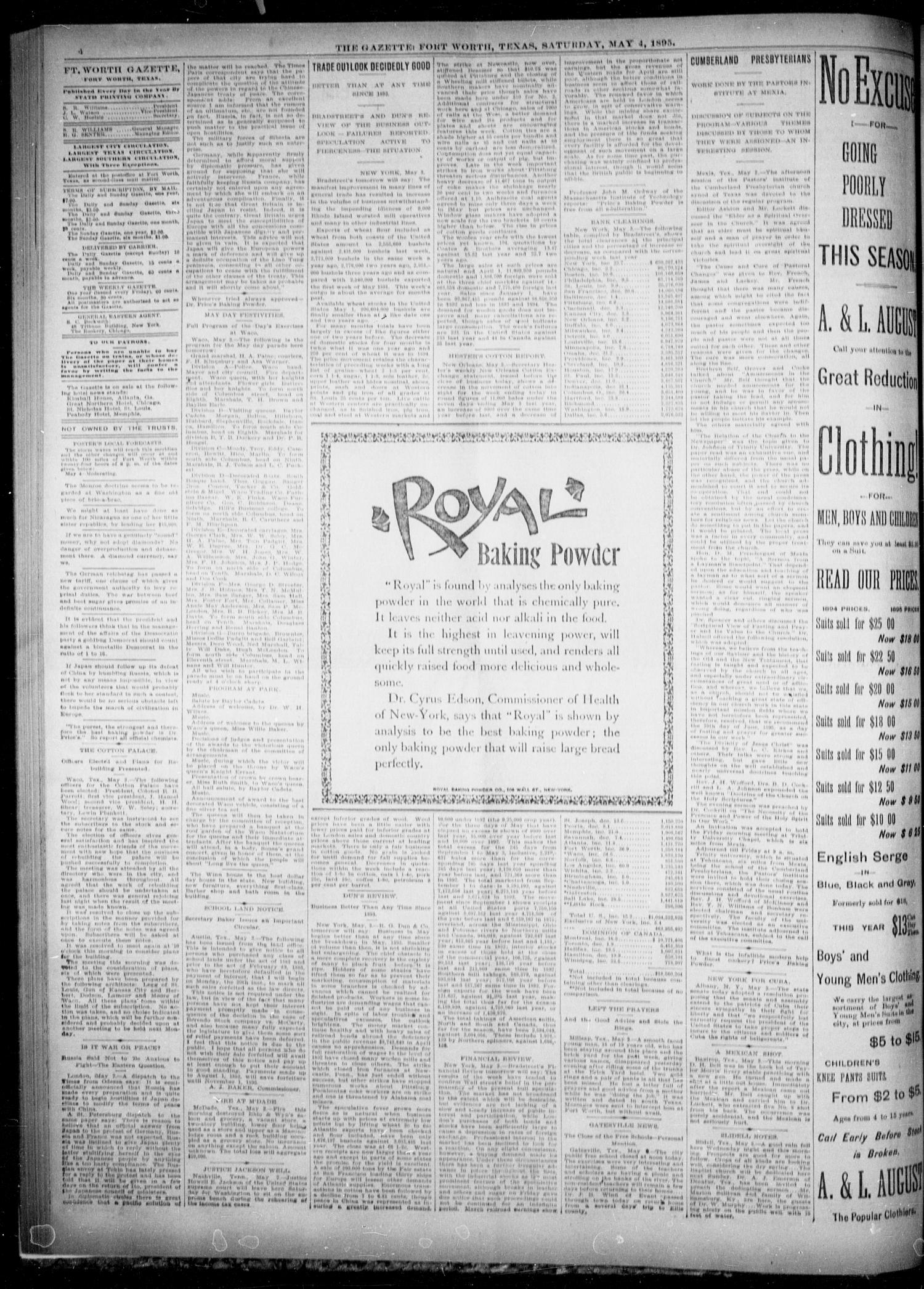 Fort Worth Gazette. (Fort Worth, Tex.), Vol. 19, No. 160, Ed. 1, Saturday, May 4, 1895
                                                
                                                    [Sequence #]: 4 of 8
                                                