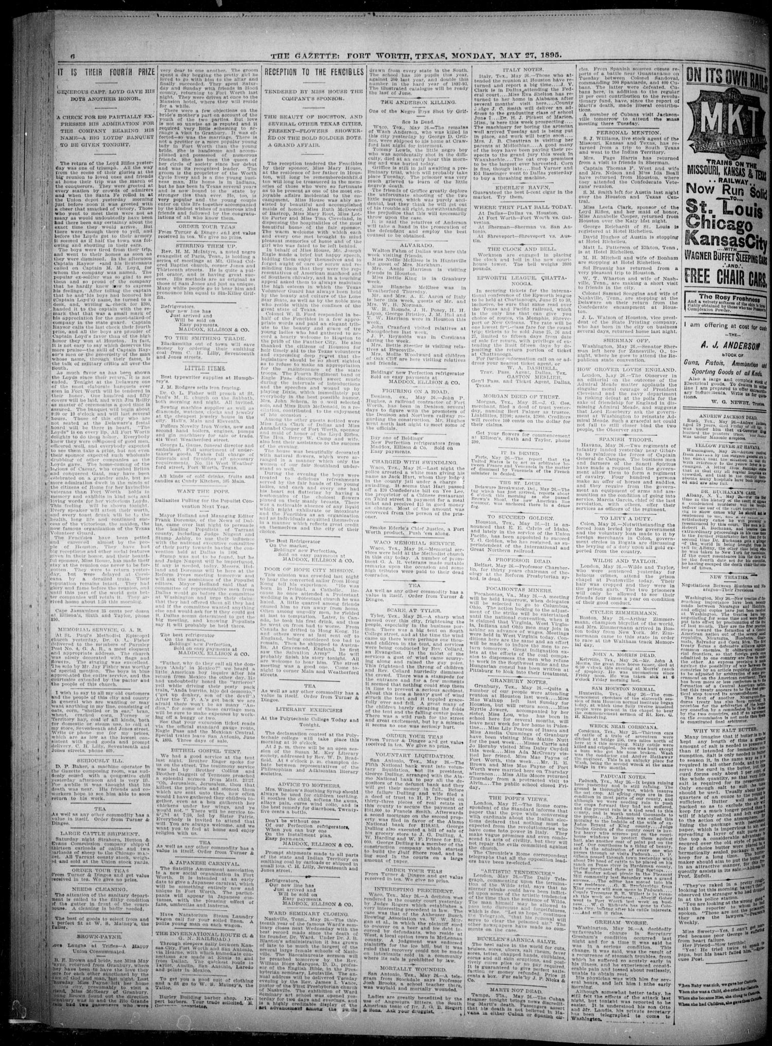 Fort Worth Gazette Fort Worth Tex Vol 19 No 183 Ed 1 Monday May 27 1895 Page 6 of 8 The Portal to Texas History