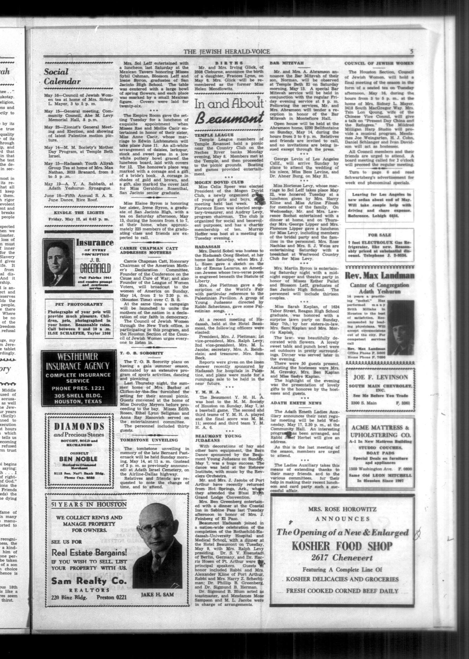The Jewish Herald-Voice (Houston, Tex.), Vol. 34, No. 7, Ed. 1 Thursday, May 11, 1939
                                                
                                                    [Sequence #]: 5 of 6
                                                