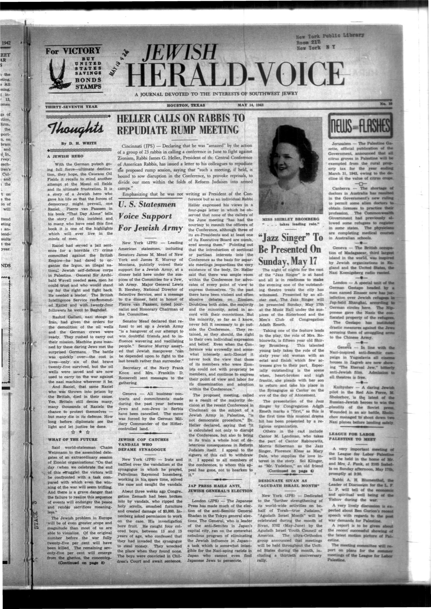 Jewish Herald-Voice (Houston, Tex.), Vol. 37, No. 10, Ed. 1 Thursday, May 14, 1942
                                                
                                                    [Sequence #]: 1 of 8
                                                
