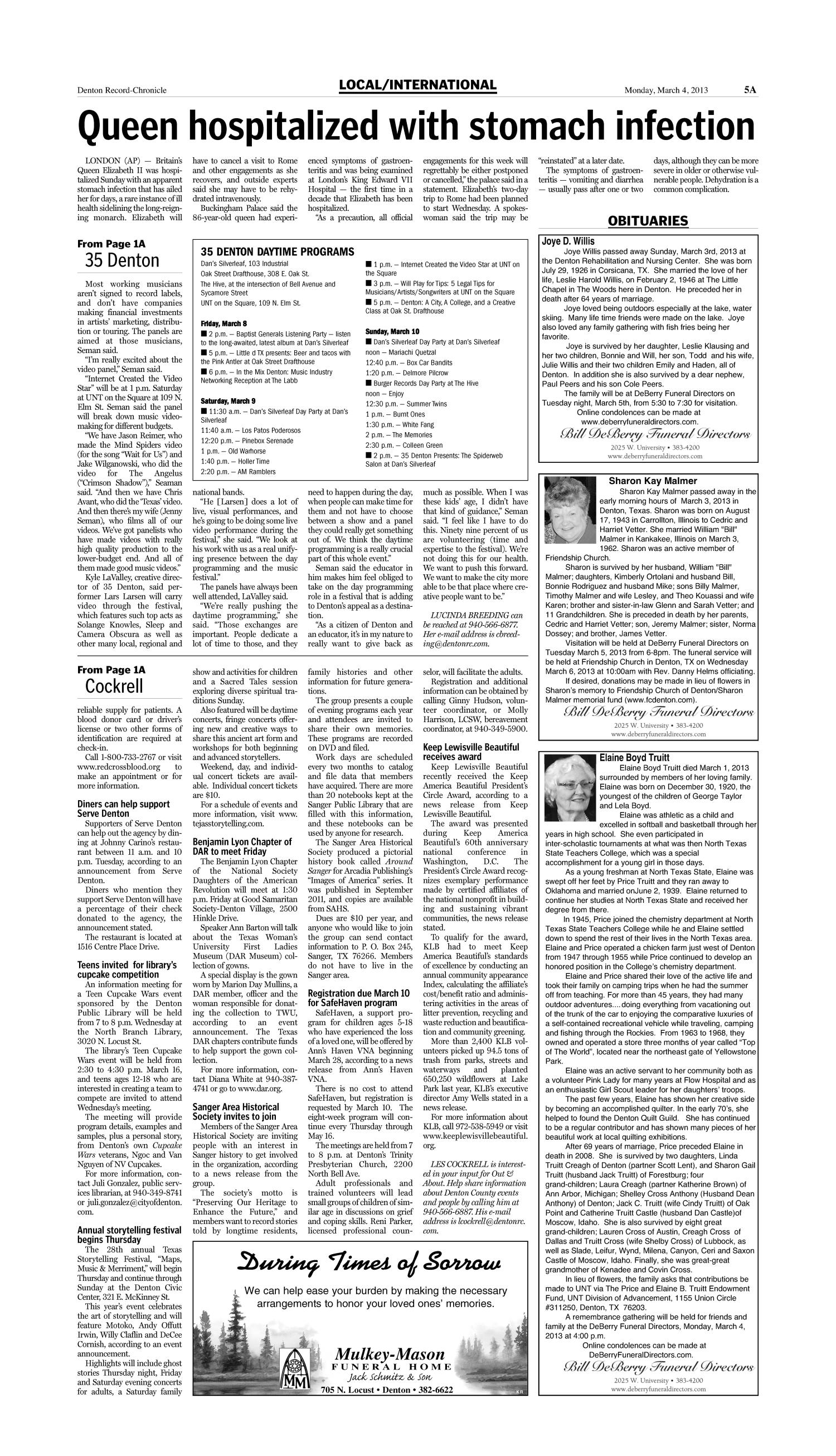 Denton Record-Chronicle (Denton, Tex.), Vol. 109, No. 214, Ed. 1 Monday, March 4, 2013
                                                
                                                    [Sequence #]: 5 of 14
                                                