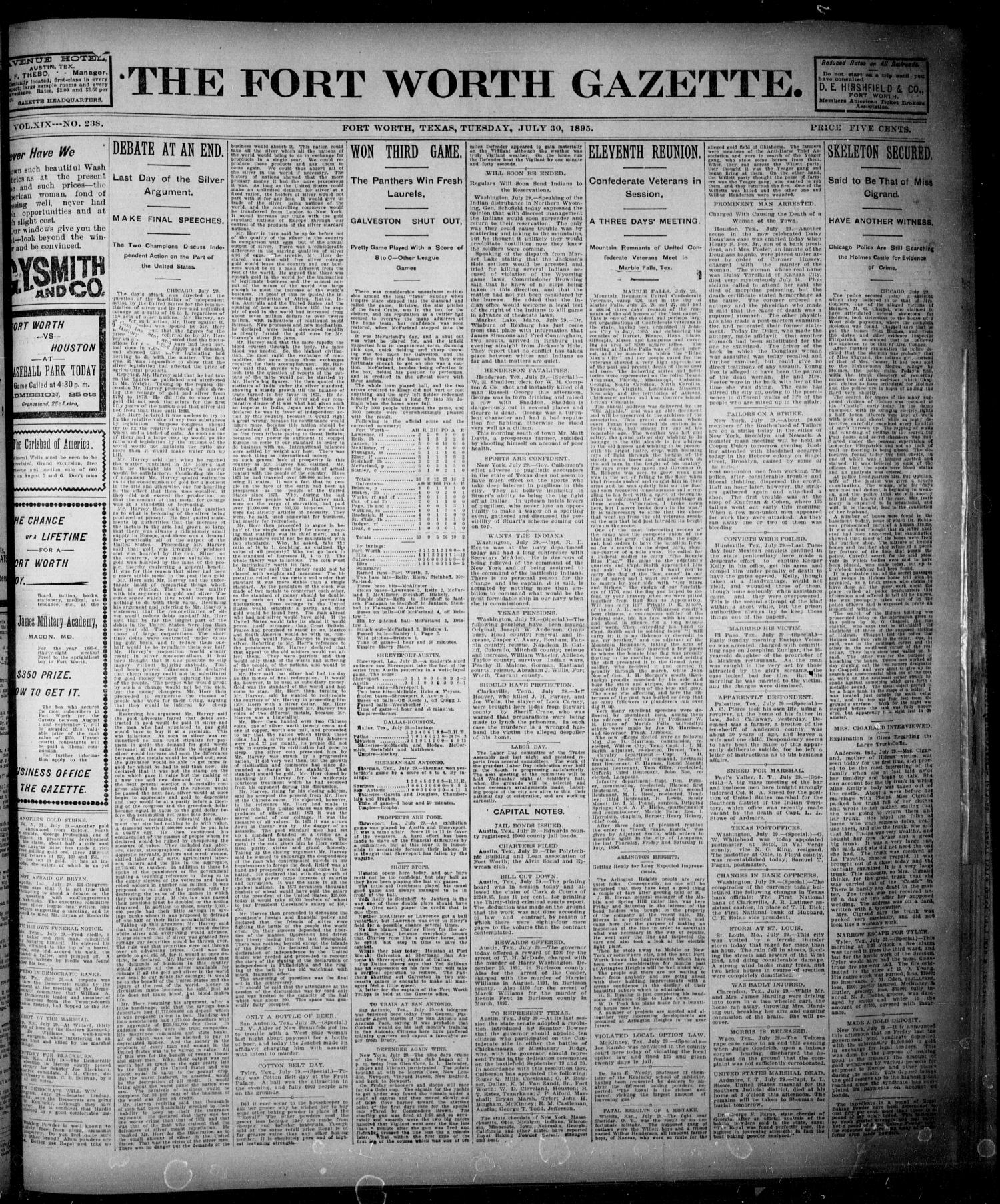 Fort Worth Gazette. (Fort Worth, Vol. 19, No. 238, Ed. 1, Tuesday, July 1895 - Page 1 4 - The Portal to Texas History