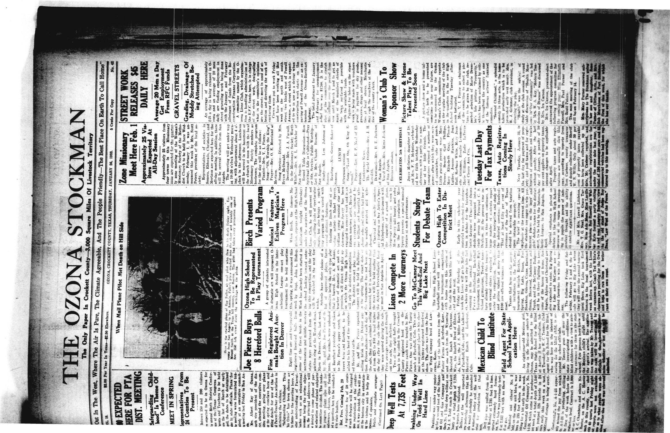 The Ozona Stockman (Ozona, Tex.), Vol. 19, No. 42, Ed. 1 Thursday, January 26, 1933
                                                
                                                    [Sequence #]: 1 of 4
                                                