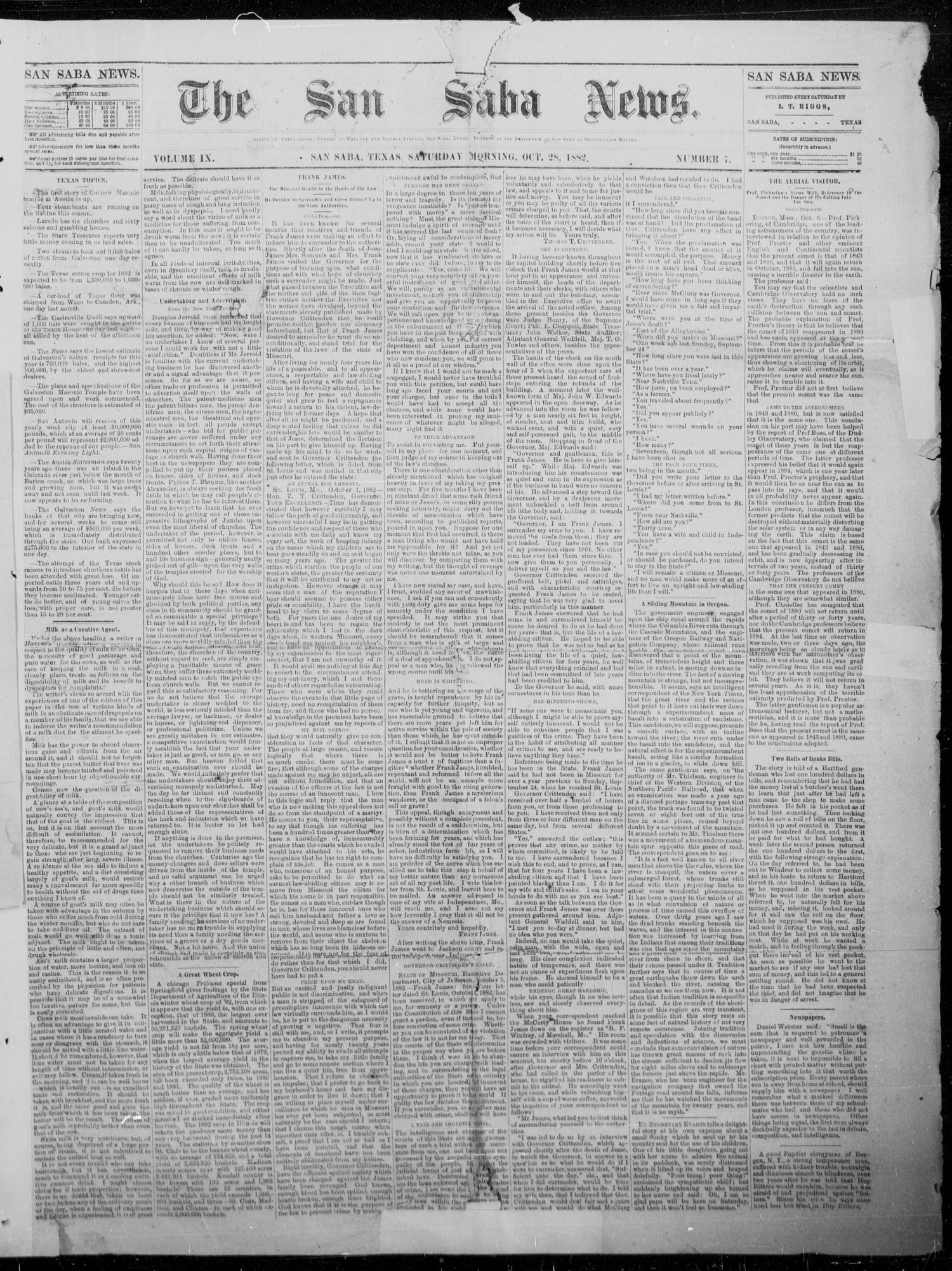 The San Saba News. (San Saba, Tex.), Vol. 9, No. 7, Ed. 1, Saturday, October 28, 1882
                                                
                                                    [Sequence #]: 5 of 8
                                                