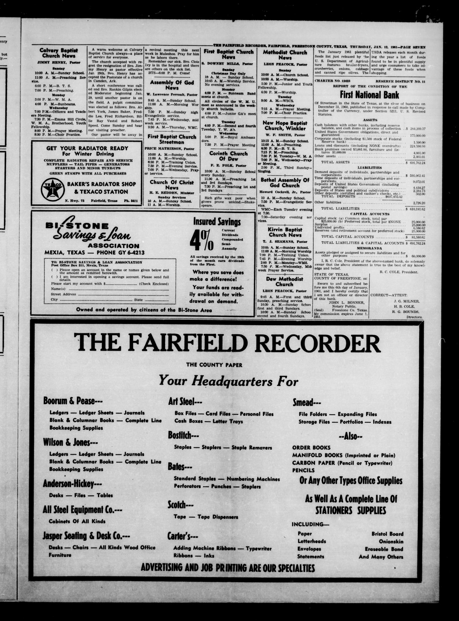 The Fairfield Recorder (Fairfield, Tex.), Vol. 85, No. 17, Ed. 1 Thursday, January 12, 1961
                                                
                                                    [Sequence #]: 7 of 8
                                                