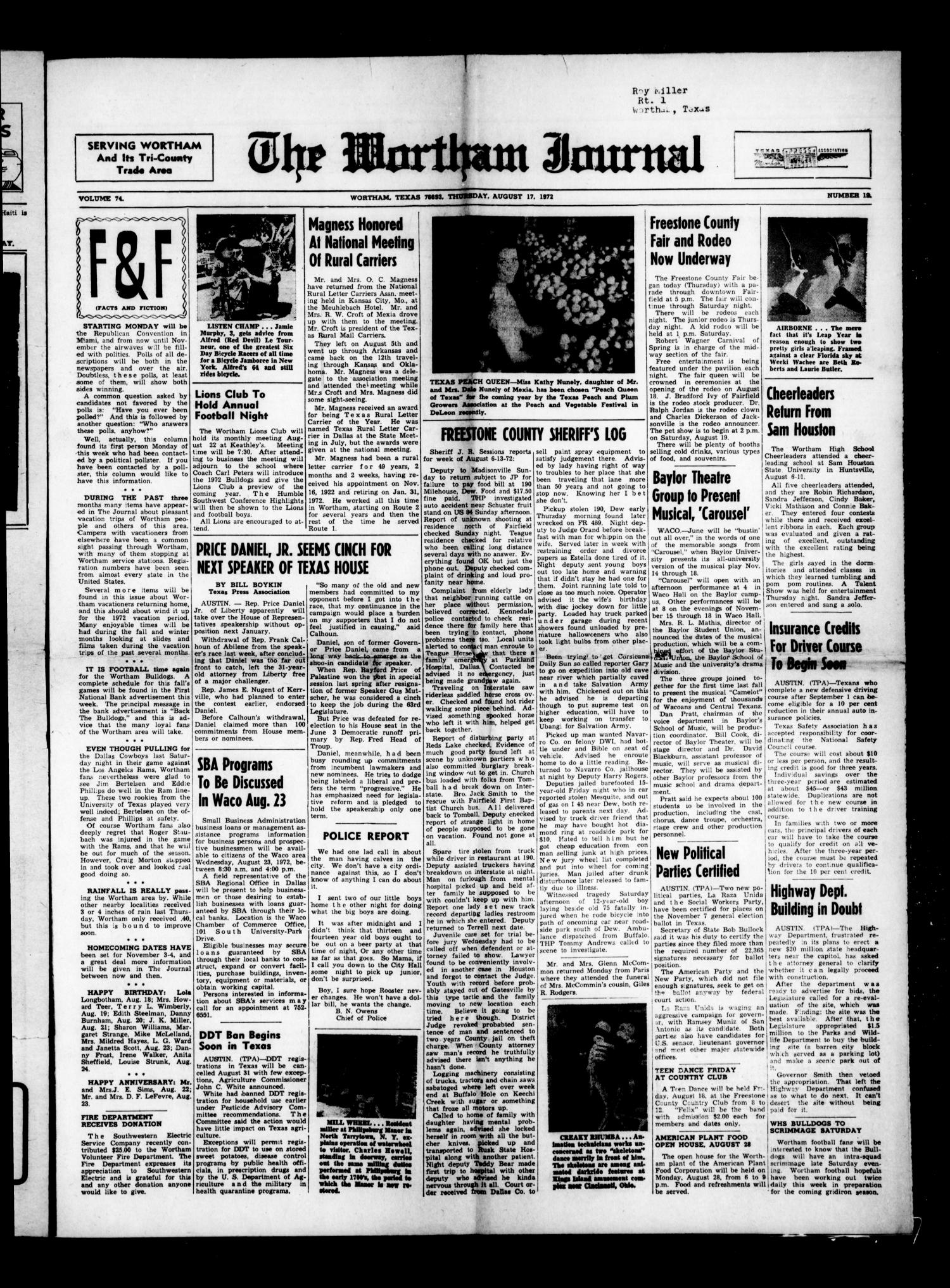 The Wortham Journal (Wortham, Tex.), Vol. 74, No. 19, Ed. 1 Thursday, August 17, 1972
                                                
                                                    [Sequence #]: 1 of 4
                                                
