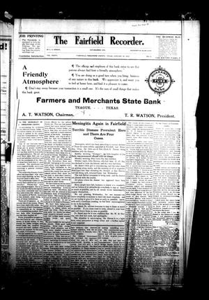 Primary view of object titled 'The Fairfield Recorder. (Fairfield, Tex.), Vol. 36, No. 16, Ed. 1 Friday, January 19, 1912'.
