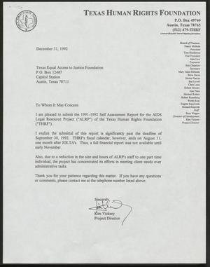 Primary view of object titled '[Letter from Kim Vickery to the Texas Equal Access to Justice Foundation, December 31, 1992]'.