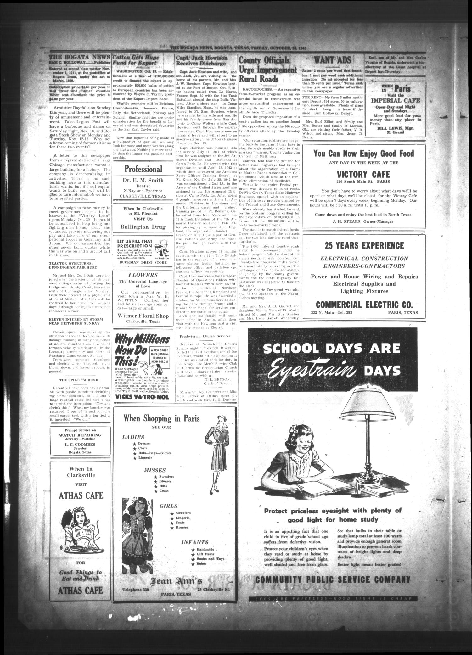 The Bogata News (Bogata, Tex.), Vol. 35, No. 1, Ed. 1 Friday, October 26, 1945
                                                
                                                    [Sequence #]: 2 of 4
                                                