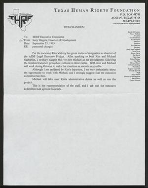 Primary view of object titled '[Letter from Suzy Wagers to the Texas Human Rights Foundation Executive Committee, September 23, 1993]'.