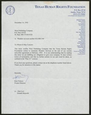 Primary view of object titled '[Letter from Kim Vickery to West Publishing Company, December 16, 1992]'.