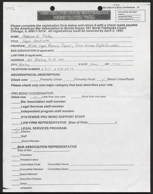 Primary view of object titled '1992 ABA Pro Bono Conference Registration Form'.