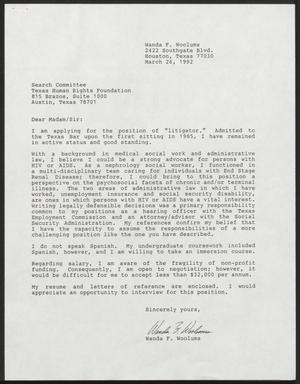 [Letter from Wanda F. Woolums to the Texas Human Rights Foundation Search Committee, March 26, 1992]