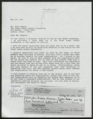 Primary view of object titled '[Letter from Jim A. Davis to Suzy Wagers, May 19, 1993]'.