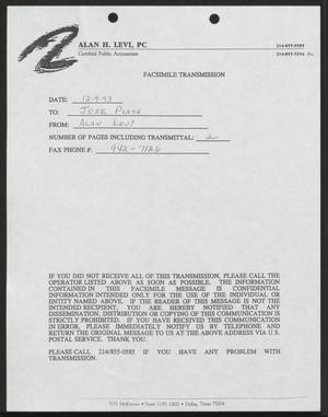 Primary view of object titled '[Fax from Alan Levi to Jose Plata, December 9, 1993]'.
