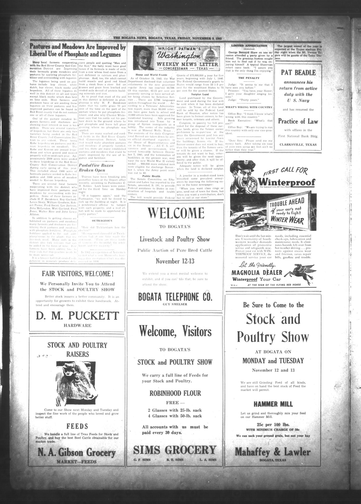 The Bogata News (Bogata, Tex.), Vol. 35, No. 3, Ed. 1 Friday, November 9, 1945
                                                
                                                    [Sequence #]: 6 of 8
                                                