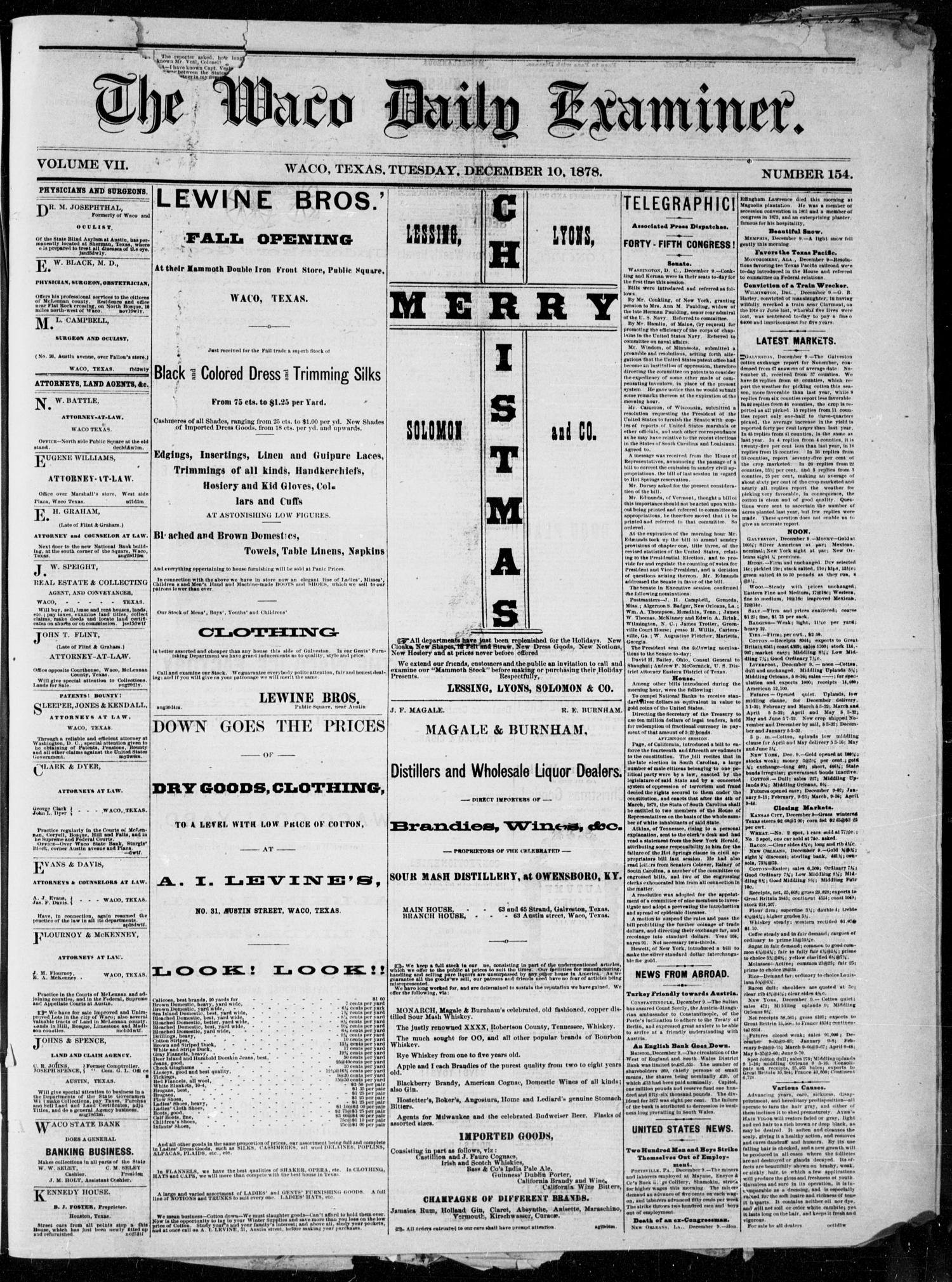 The Waco Daily Examiner. (Waco, Tex.), Vol. 7, No. 154, Ed. 1, Tuesday, December 10, 1878
                                                
                                                    [Sequence #]: 1 of 4
                                                