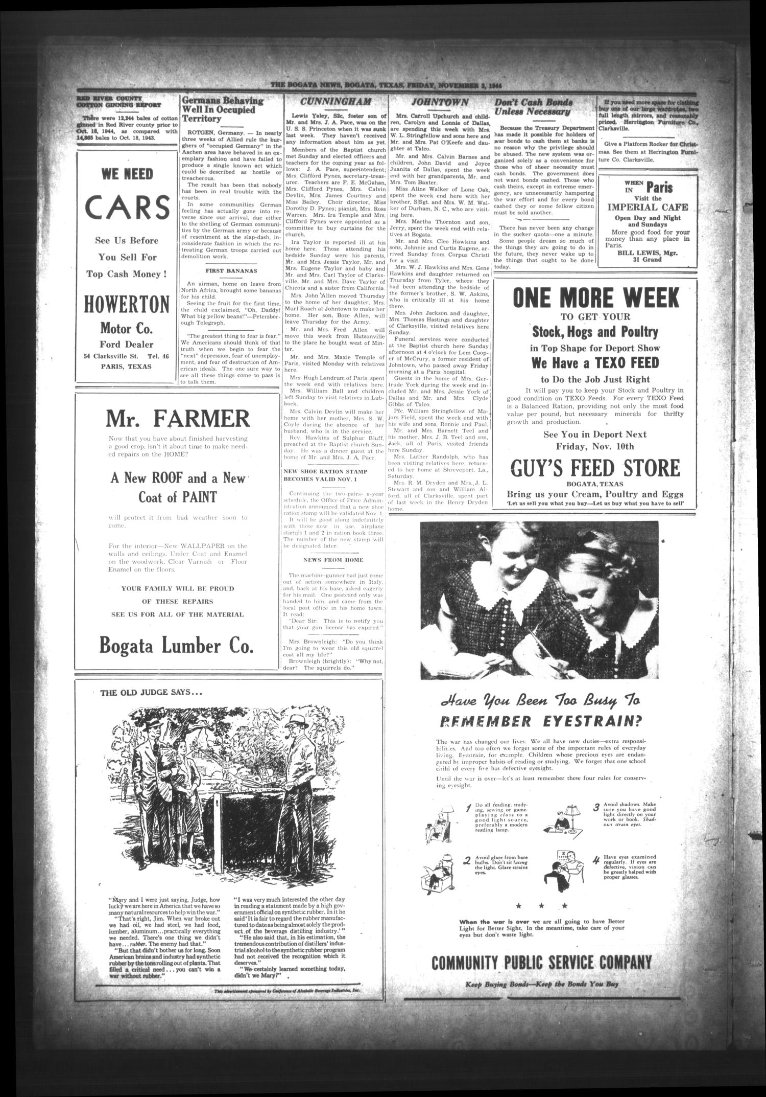 The Bogata News (Bogata, Tex.), Vol. 34, No. 2, Ed. 1 Friday, November 3, 1944
                                                
                                                    [Sequence #]: 4 of 6
                                                
