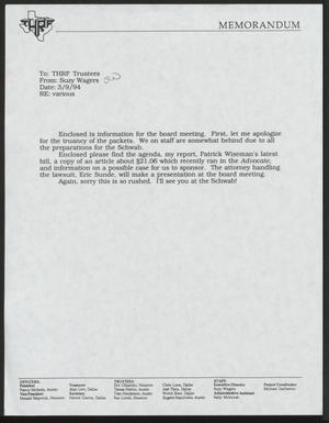 Primary view of object titled '[Letter from Suzy Wagers to the Texas Human Rights Foundation Trustees, March 9, 1994]'.