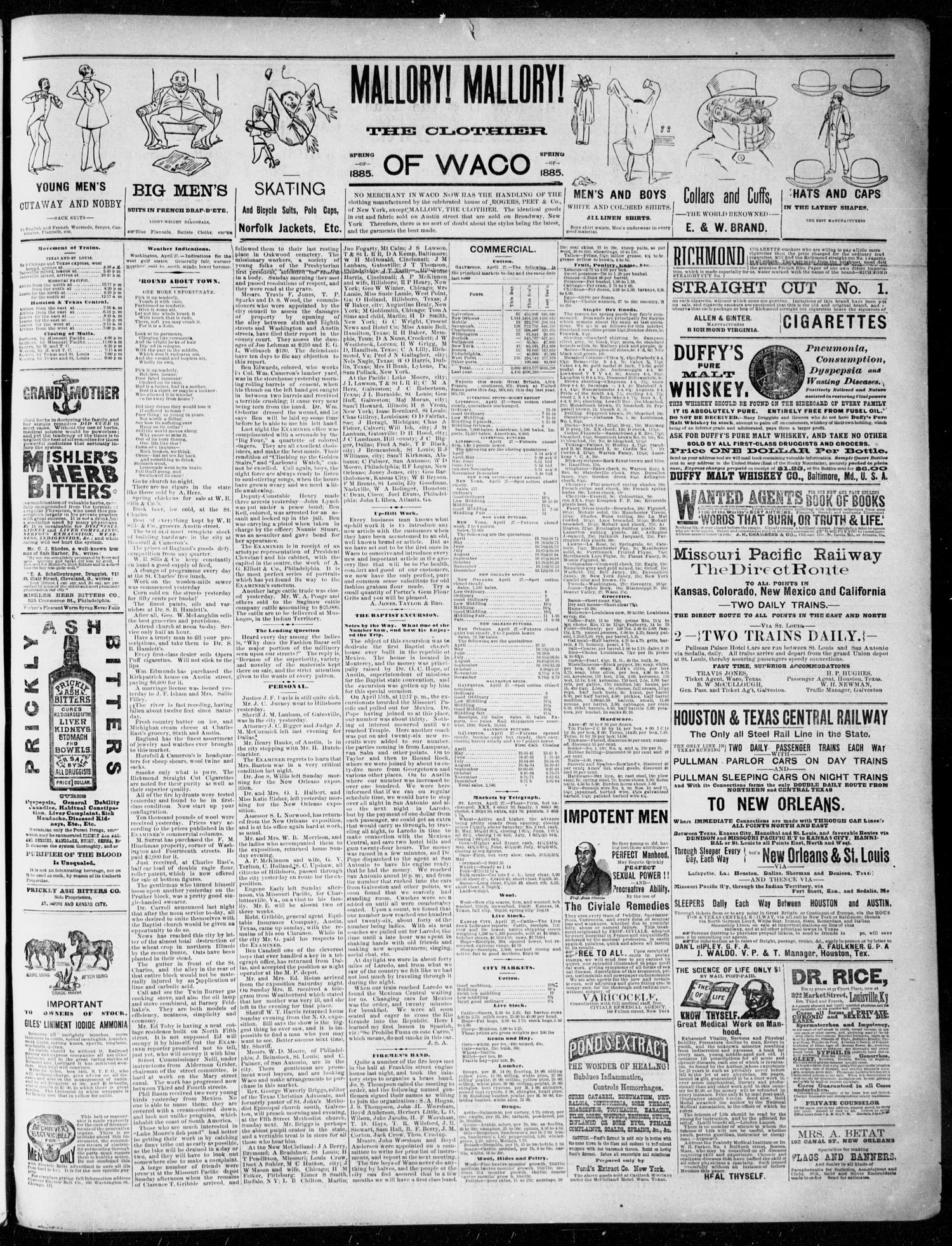 Waco Daily Examiner. (Waco, Tex.), Vol. 18, No. 147, Ed. 1, Tuesday, April 28, 1885
                                                
                                                    [Sequence #]: 3 of 4
                                                