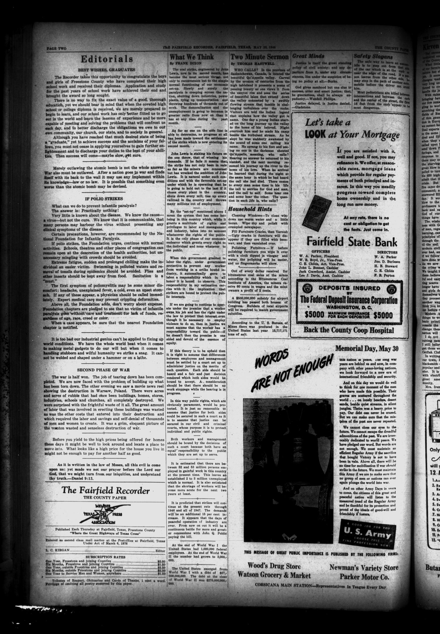 The Fairfield Recorder (Fairfield, Tex.), Vol. 70, No. 35, Ed. 1 Thursday, May 23, 1946
                                                
                                                    [Sequence #]: 2 of 8
                                                