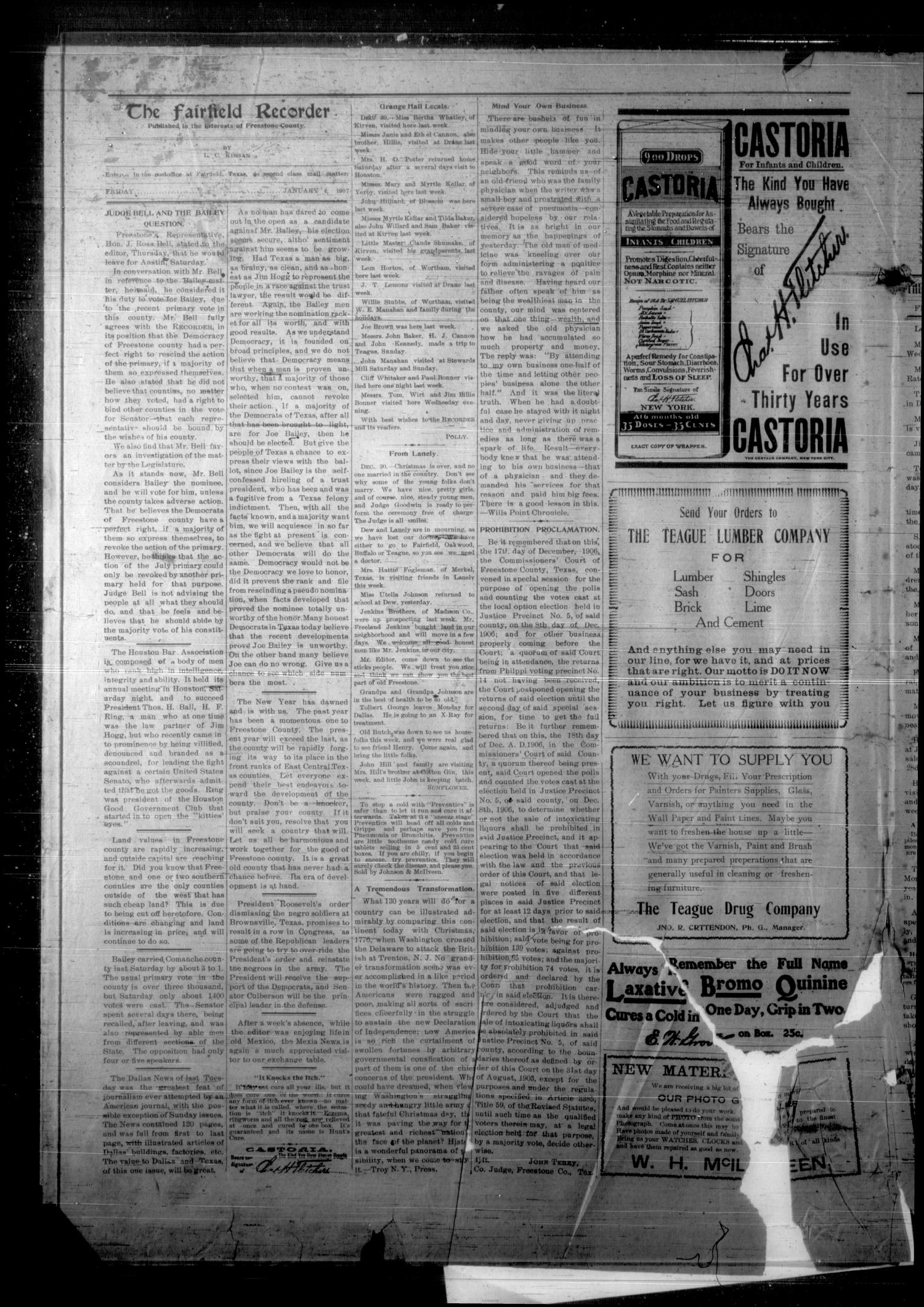 The Fairfield Recorder. (Fairfield, Tex.), Vol. 31, No. 14, Ed. 1 Friday, January 4, 1907
                                                
                                                    [Sequence #]: 4 of 8
                                                