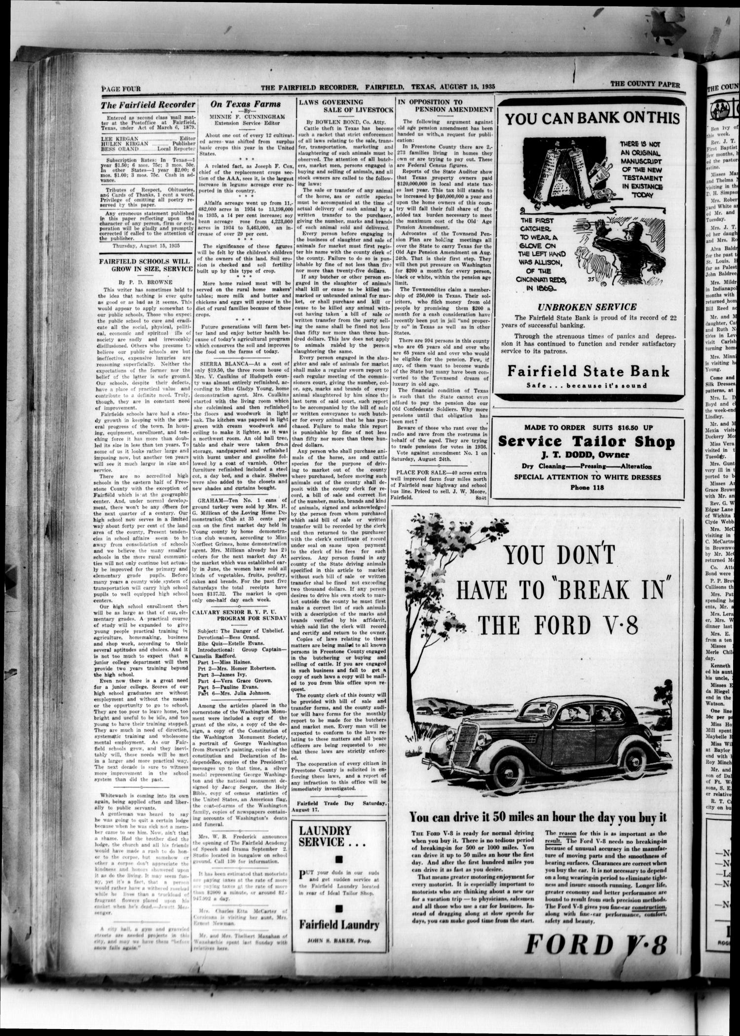 The Fairfield Recorder (Fairfield, Tex.), Vol. 59, No. 47, Ed. 1 Thursday, August 15, 1935
                                                
                                                    [Sequence #]: 4 of 8
                                                